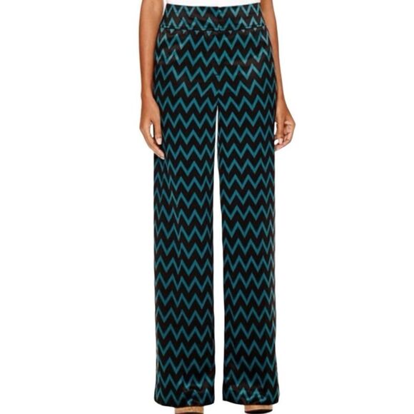 Worthington Modern Fit High-Waisted Satin Pants black teal chevron print Size 10 - Picture 1 of 16